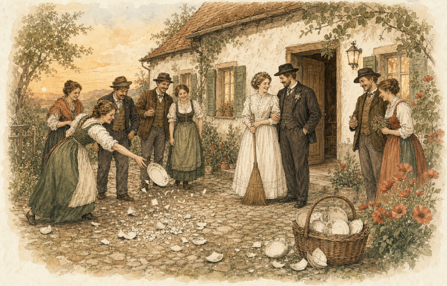 Historische illustratie van een Polterabend, met gasten die servies breken.
